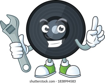 A smart mechanic music viynl disc cartoon mascot design fix a broken machine. Vector illustration