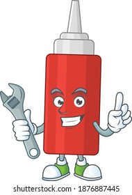 A smart mechanic sauce bottle cartoon mascot design fix a broken machine. Vector illustration