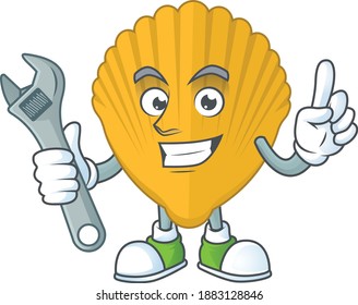 A smart mechanic yellow clamp cartoon mascot design fix a broken machine. Vector illustration
