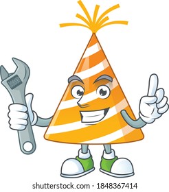 A smart mechanic yellow party hat cartoon mascot design fix a broken machine. Vector illustration