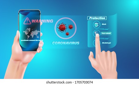 Smart Medical Application Technology Alert And Warning Danger Concept. Pandemic Flu Outbreak Coronavirus Or Covid-19 Protection Concept. Vector Illustration Design.