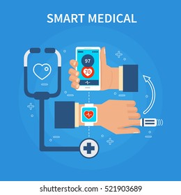 Smart medical concept. Hands holding phone, smart watch and finger tonometer. Vector illustration.