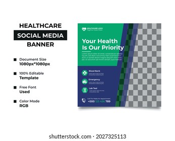 smart medical social media post template design with an image placement, green and blue color used as basic in the template. fully editable, well organized, eye-catchy design. vector eps 10 version.