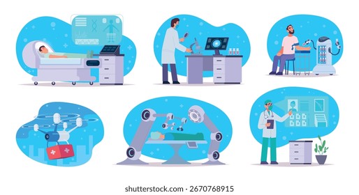 Intelligente Medizin. Computer Bot helfen Chirurgie Ärzte Künstliche Intelligenz Systeme in der medizinischen Versorgung genaue Vektorkonzept Bilder