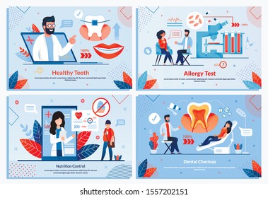 Smart Medicine and Healthcare Banner Flat Set. Healthy Tooth and Dental Checkup. Allergy Test for Diagnosis. Nutrition Control Application and Individual Diet Selection. Vector Cartoon Illustration