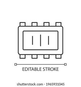Icono lineal de piezas de microchip inteligentes. Creación de pequeños controladores para tecnologías modernas. Ilustración personalizable de línea delgada. Símbolo de contorno. Dibujo de contorno aislado del vector. Trazo editable