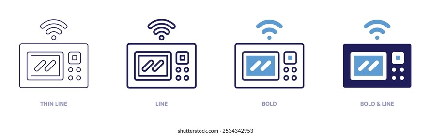 Icono de microondas inteligente en 4 estilos diferentes. Línea delgada, línea, negrita y línea negrita. Estilo duotono. Trazo editable.