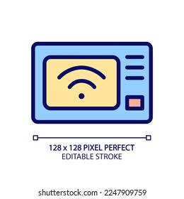 Smart microwave oven pixel perfect RGB color icon. Kitchen appliance. Remote control via smartphone. Internet of things. Isolated vector illustration. Simple filled line drawing. Editable stroke