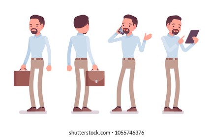 Hombre inteligente de mediana edad con camisa abotonada y pantalones de chino delgado camello, pose. Tendencia de ropa de trabajo elegante y moda de oficina. Ilustración de dibujos animados de estilo plano vectorial, delantera, trasera