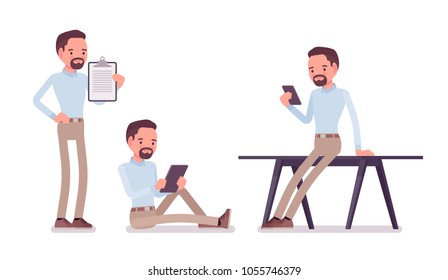 Smart middle aged man in buttoned up shirt and camel skinny chino trousers, working with gadgets. Business stylish workwear trend and office city fashion. Vector flat style cartoon illustration