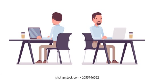 Smart middle aged man in buttoned up shirt and camel skinny chino trousers, working at desk with computer. Business stylish workwear trend, office city fashion. Vector flat style cartoon illustration