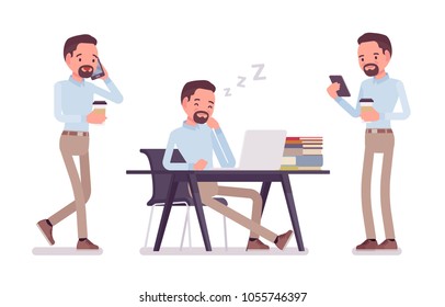 Smart middle aged man in buttoned up shirt and camel skinny chino trousers, with coffee, nap at desk. Business stylish workwear trend and office city fashion. Vector flat style cartoon illustration