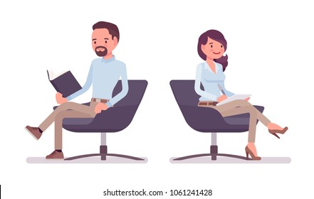 Smart middle aged man, woman in buttoned up shirt, camel skinny chino trousers, sitting with book, paper. Business stylish workwear trend, office city fashion. Vector flat style cartoon illustration