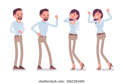 Smart middle aged man, young woman in buttoned up shirt, camel skinny chino trousers, negative emotions. Business stylish workwear trend, office city fashion. Vector flat style cartoon illustration