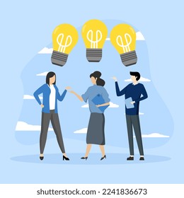 smart minded business people team up with office workers to share light bulb ideas. Business idea sharing, team work or people thinking the same idea concept, collaboration meeting, knowledge sharing.