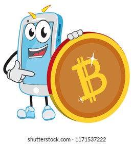 smart mobile phone character holding a big bitcoin pointing indicating money success business education app website corporate crypto currency electronic cash cryptocurrency digital