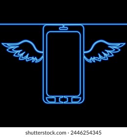 Smart mobile phone flying with wings icon neon glow vector illustration concept