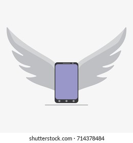 Smart mobile phone flying with wings. Flat vector stock illustration