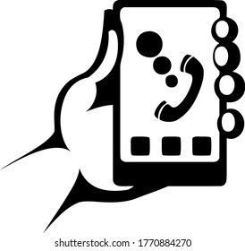 smart mobile phone held in left hand, earphone on touchscreen silhouette, outline, vector, illustration