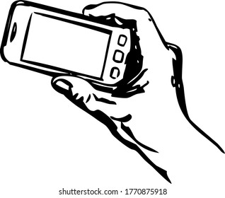 smart mobile phone, held in right hand nearly horizontally silhouette, outline, vector, illustration
