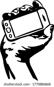 smart mobile phone, held in right hand horizontally silhouette, outline, vector, illustration
