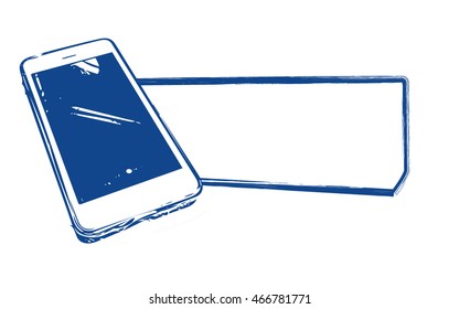 Smart mobile phone and text box comment in navy blue outline design on white background