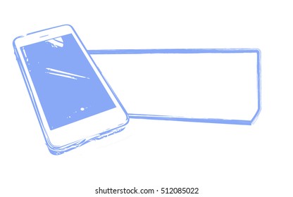 Smart mobile phone and text box comment in blue outline design on white background