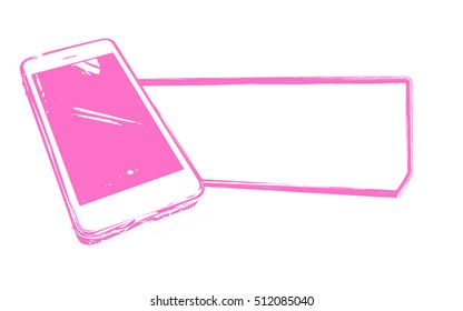 Smart mobile phone and text box comment in pink outline design on white background