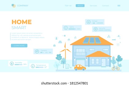 Smart Modern Eco House with central technology control system. Infographic automation concept. Security, thermostat, lighting, clean energy of electricity. Can use for web banner, landing page, web