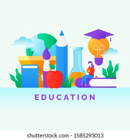 Smart Modern Education poster background concept design. Girl learning by reading book with many school related equipment icon vector illustration