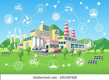 Smart modern factory with icons around and nature landscape. Modern technology and Eco concept.