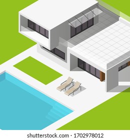 Icono moderno inteligente del vector doméstico. Casa blanca isométrica con piscina y tumbona. Ilustración del vector