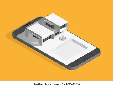 Smart modern home vector icon. Internet of things isometric white house with pool and lounge deck chair on phone. Vector illustration