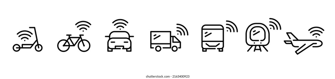 Intelligente Verkehrsträger. Wireless-Verbindung und selbstfahrende Fahrzeuge. Pixel perfekte, bearbeitbare Strich-Linie-Kunstsymbole