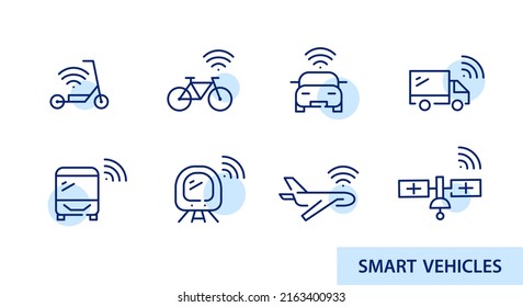 Smart modes of transportation. Wireless connection and self-driving vehicles. Pixel perfect, editable stroke line icons set
