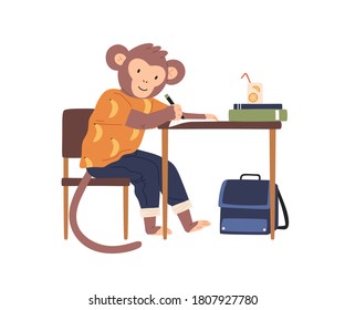 Smart monkey in clothes, sit at desk while studying. Animalistic childish character flat vector cartoon illustration isolated on white. Cute animal, elementary school pupil learning in classroom