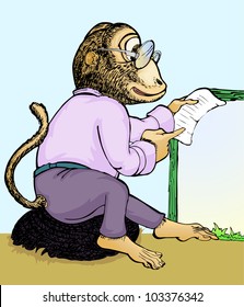 smart monkey holding paper and blank sign board