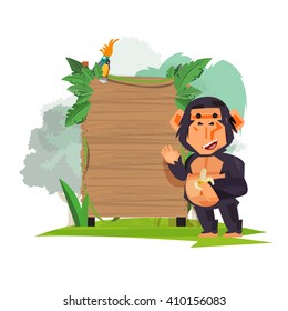 smart monkey presenting over wood board with jungle background - vector illustration