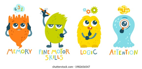 Smart monsters set. Development of logic, fine motor skills, attention and memory of children. Funny bright characters in a hand-drawn cartoon doodle style. Ideal for packaging games, puzzles, mazes