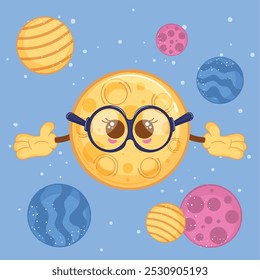 Smart moon with glasses among colorful planets, vector illustration