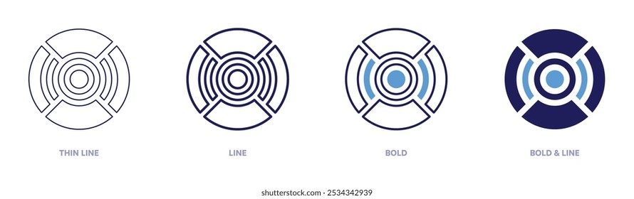 Icono de detector de movimiento inteligente en 4 estilos diferentes. Línea delgada, línea, negrita y línea negrita. Estilo duotono. Trazo editable.