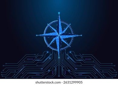 Smart navigation and digital guidance concept with glowing polygonal compass icon above a high-tech circuit board. Futuristic low poly style, abstract vector illustration.