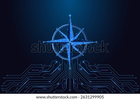 Smart navigation and digital guidance concept with glowing polygonal compass icon above a high-tech circuit board. Futuristic low poly style, abstract vector illustration.