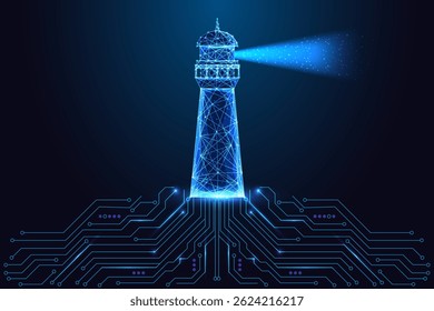 Smart navigation and guidance system concept with glowing polygonal lighthouse projecting light over circuit board. Futuristic low poly style, abstract vector illustration.