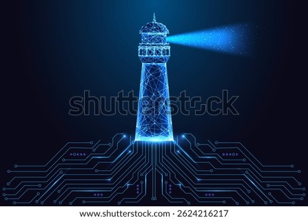 Smart navigation and guidance system concept with glowing polygonal lighthouse projecting light over circuit board. Futuristic low poly style, abstract vector illustration.