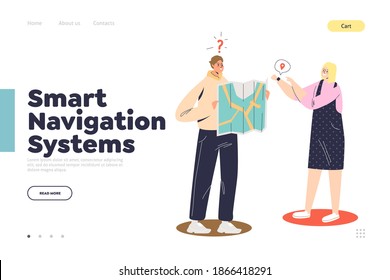 Página de inicio del sistema de navegación inteligente con pareja usando la aplicación map en smartwatch. Tecnología de aplicación GPS para banda de relojería digital. El hombre y la mujer usan un navegador de pulsera. Ilustración vectorial de dibujos animados