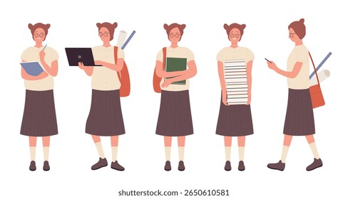 Menina nerd inteligente em óculos segurando livros, laptop, e telefone em várias poses, perfeito para a educação, escola, ou conceitos acadêmicos isolados no fundo branco vetor ilustração
