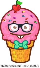 Smart nerdy cartoon pink ice cream cone mascot character wearing black glasses and a green bow tie, isolated on white background. Cute sweet dessert emoticon vector illustration for geek, student, or intelligent expression.