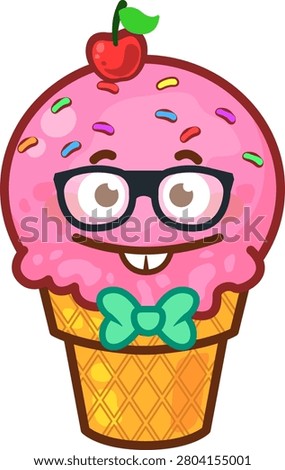 Smart nerdy cartoon pink ice cream cone mascot character wearing black glasses and a green bow tie, isolated on white background. Cute sweet dessert emoticon vector illustration for geek, student, or intelligent expression.