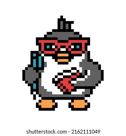 Smart nerdy school student penguin wearing glasses holding pen and notebook, pixel art bird character isolated on white background. Old school retro 80's-90's 8 bit slot machine, video game graphics.